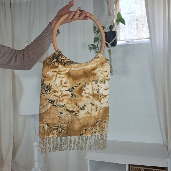 Vintage wood circle handle Hawaiian print beaded tassel fringe retro purse - Picture 12 of 16